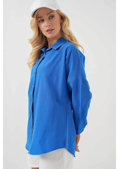 Bigdart Oversize Uzun Basic Mavi Kadın Gömlek 3900 Mavi