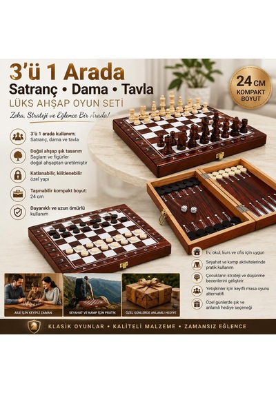 Lüks Ahşap 3ü 1 Arada Satranç Dama Tavla Seti Katlanabilir Kilitli Oyun & Eğlence Takımı 24 Cm Mdl 2