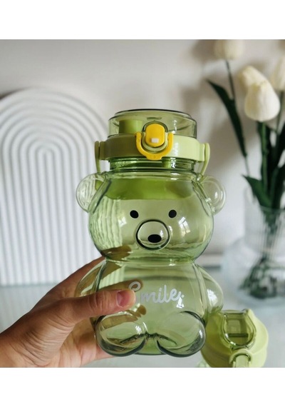 Ayıcıklı Matara 1000 Ml, Su, İçecek Matarası, Suluk, Okul, Ofis, Seyahat, Bpa İçermez Yeşil Plastik Diğer