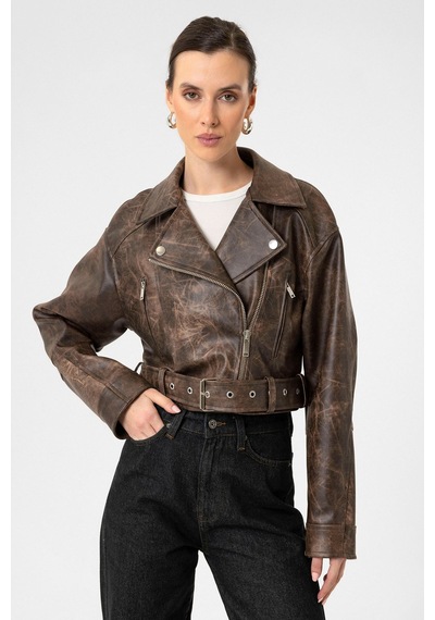 Antioch Kadın Suni Deri Crop Biker Ceket Kahve