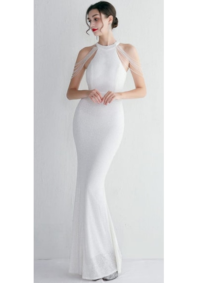 Hanife Glam Couture Hanife Glam Halter Yaka Taş Tasarımlı Pul Payet Abiye Elbise Beyaz