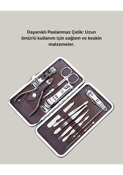 Mey İthalat Özel Deri Çantalı 12 Parça Manikür Pedikür Bakım Seti Paslanmaz Çelik