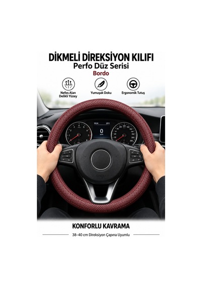 Trobus Mitsubishi L200 2015-2023 Uyumlu Dikmeli Direksiyon Kılıfı Perfo Düz Delikli Deri Bordo