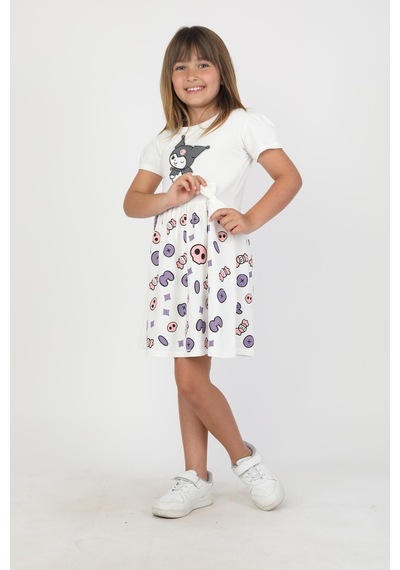 New Kids Baskılı Kız Çocuk Elbise-90748 Beyaz