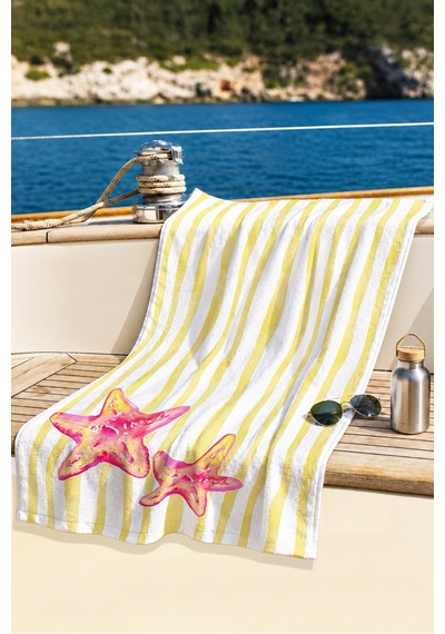 Denizyıldızı Çizgili Marine Plaj Havlusu - Sarı Beyaz Modern Yazlık Hızlı Kuruyan Mikrofiber Havlu İnci Lavanta