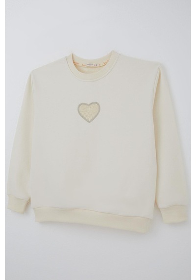 Breeze Kız Çocuk Sweatshirt Işıltılı Kalp Masalı İnci İşlemeli 9-14 Yaş, Krem Krem