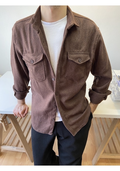 Kahverengi Erkek Slim Fit Çift Cep Kapaklı Oduncu Gömlek Kahverengi