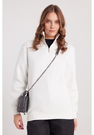 Tudors Kadın Relax Fit Rahat Kesim Pamuklu İçi Polarlı Yarım Fermuarlı Beyaz Dik Yaka Sweatshirt-37887 Beyaz