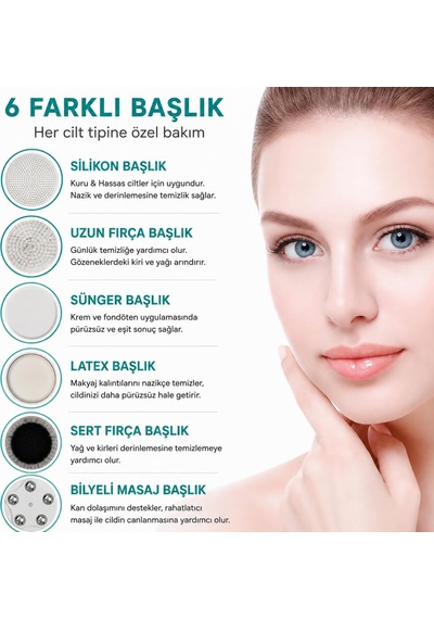 Elektrikli Yüz Temizleme Cihazı, 6 Farklı Başlıklı Cilt Bakım Ve Yüz Temizleme Fırçası, 15 Kademeli Hız Ayarı, 1000 Mah Şarjlı, Type-c, Masaj Başlıklı