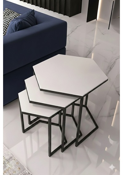 Vatoz Altıgen Siyah Metal Beyaz Mdf Tablalı 3lü Zigon Sehpa Beyaz