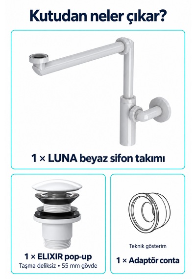 İz Yapı Luna Beyaz Alan Tasarruflu Sifon Seti Elixir Pop-up Taşma Deliksiz Lavabo Sifonu