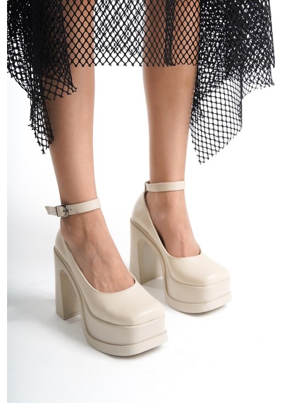 Asmi Shoes Kadın Della Bilekten Bağlamalı 12cm Platform Topuklu Ayakkabı Krem Krem