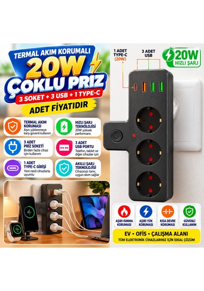 Yumurcak Shop Termal Akım Korumalı 3 Adet Soket,3 Adet Usb Ve 1 Adet Type-c Girişli 20w Priz Model 3397 Adet ıdır