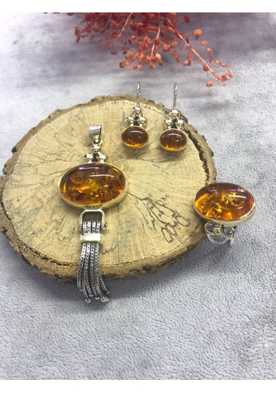 Kehribar Taşı Gümüş Set 925 Ayar