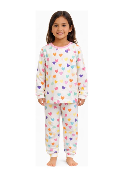 Minik Renkli Kalpler Kız Çocuk Pijama Takımı Beyaz
