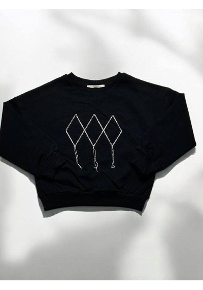Kız Çocuk Mevsimlik Pamuklu İki İplik Zincirli Sweatshirt-15447 Siyah