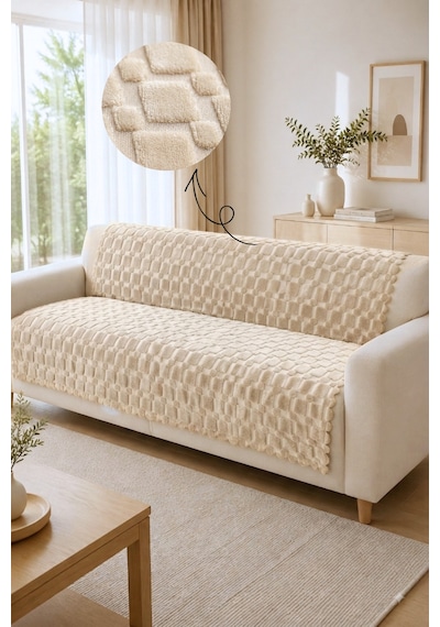 Kaydırmaz Taban Koltuk Örtüsü - Kabartmalı, Geometrik Desenli - 170x210 Cm - Kapuçino Cappuccino