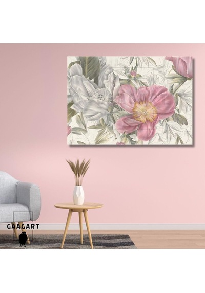 Tekli Yatay Kanvas Duvar Tablosu Soft Pembe Gri Çiçekler, 150 X 100 -
