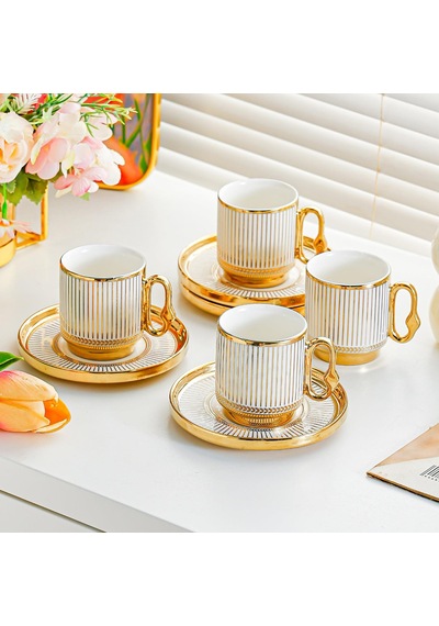 Valkyrie 12 Parça 6 Kişilik Türk Kahvesi Fincan Takımı 80ml Gold Detaylı 6 Fincan 6 Tabak K651-a