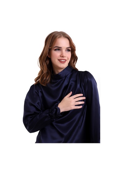 Mois Atelier Lacivert Saten Büzgülü-Pileli Bluz, Tasarım, Büyük Beden, Tesettür