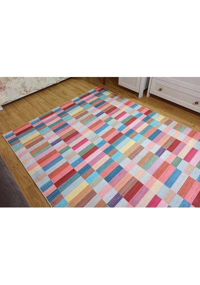 Modern Renkli Blok Desenli Geometrik Halı - 12439ou Pembe