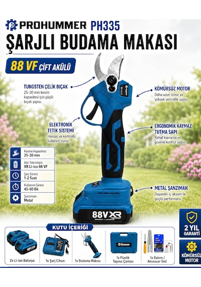 Prohummer Ph335 2li Bahçe Seti 88vf Çift Akülü Şarjlı Dal Budama Testeresi Ve Budama Makası