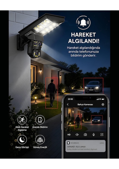 Onqam Vn-80swf 6mp Çift Kameralı Solar Sokak Lambalı Wifi Güvenlik Kamerası, 7-24 İzleme, Pır Sensör, Alarm