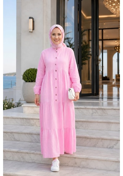 Hb Harma Time Butik Kadın Düğmeli Kat Detaylı Keten Pembe Elbise Pembe Pembe