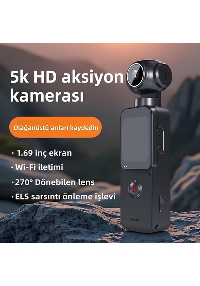 Pocket 5k Aksiyon Kamerası 4k/60fps Video, 75mp Fotoğraf, 270 Dönebilen Lensli 1.69 İnç Dokunmatik Lcd Ekranlı, 150 Geniş Açılı Wifi Destekli Mini Vlog Kamera