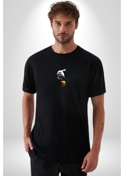 Yapay Zeka Kartal Kuş Tasarımı Siyah Oversize Unisex Ön Orta Minimal Baskılı Tişört Siyah
