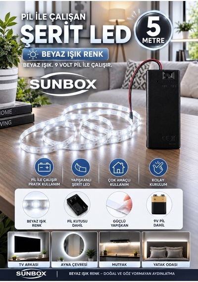 Pilli Led Beyaz Yapışkanlı 5 Metre Butonlu Pil Dahildir Beyaz Beyaz