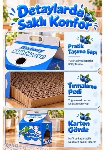 Karton Kedi Evi Yaban Mersini Katlanabilir Süt Kutusu Tasarımı, Tırmalama Pedi Hediyeli Sempatik K