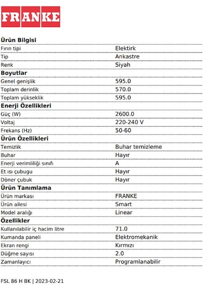 Franke Smart Linear FSL 86 H BK Nero 71 LT Ankastre Fırın