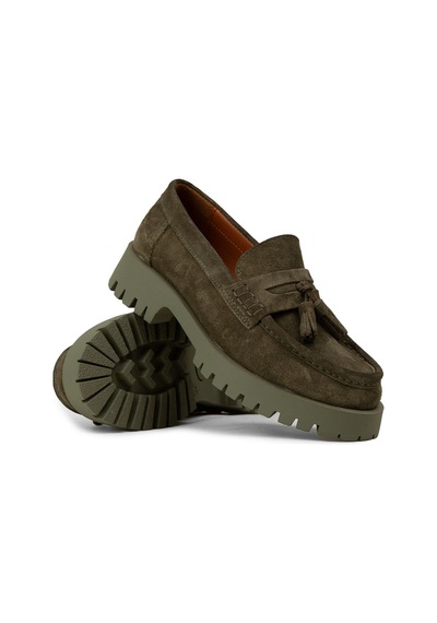 Deery Kadın Hakiki Süet Haki Püsküllü Loafer - 02035zhakc03