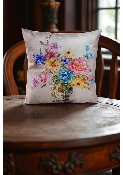 Vintage Vazo Çiçek Desenli Dijital Baskılı Kırlent Kılıfı - 40x40 Cm Ekru
