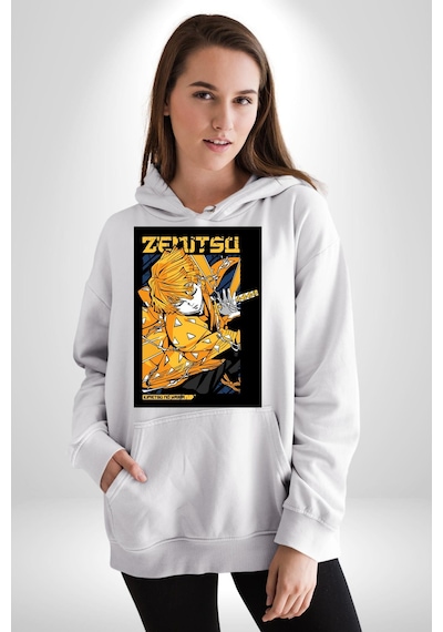 Zenitsu Agatsuma Anime Kadın Erkek Beyaz Kapüşonlu Sweatshirt Hoodie Beyaz