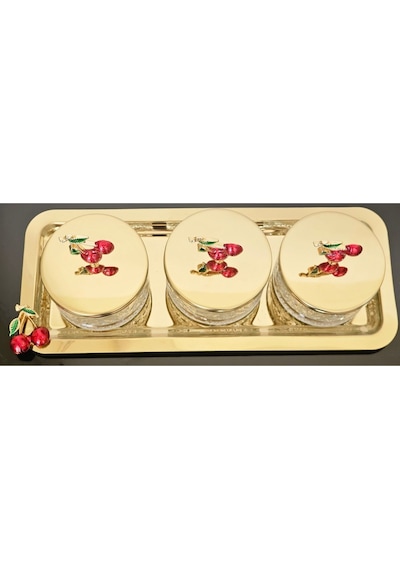 Atabey Home Collection 3'lü Kirazli Gold Tepsili Kase Seti & Şekerlik & Sunumluk & Çerezlik