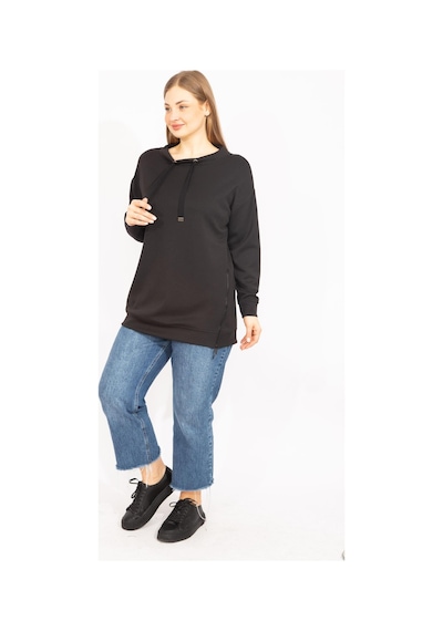 Şans Kadın Siyah Büyük Beden Yan Fermuar Yırtmaçlı Yakası Kuşgözü Detaylı Sweatshirt 65n35638-siyah Siyah