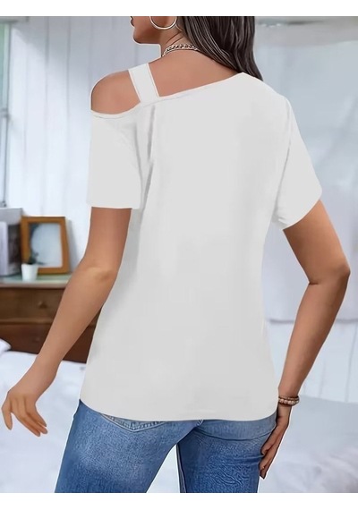 Mareandpanda Kadın Kısa Kollu Asimetrik Yaka Detaylı Viskon Bluz Beyaz