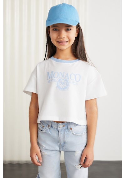 Grimelange Grımelange Bıtten Kız Çocuk %100 Pamuk Baskılı Kontrast Renk Yakalı Kısa Kollu Mavi T-shirt