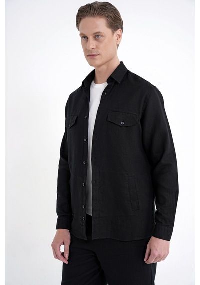Comfort Fit Yan Cepli %100 Keten Siyah Gömlek Ceket G 1602