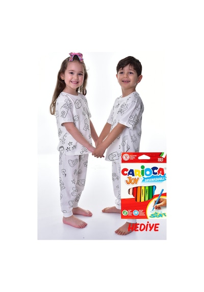Zuzunga En Sevimli Figürler Özel Kalemi İle Boyanabilir Çocuk Pijama Takımı 12'li Kalem Seti Beyaz