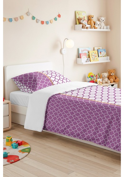 Mor Geometrik Dekoratif Pike Takımı - Lila Beyaz Kapitone Yatak Örtüsü Seti Tek Kişilik 160x220 Cm Kadife Koru Havası