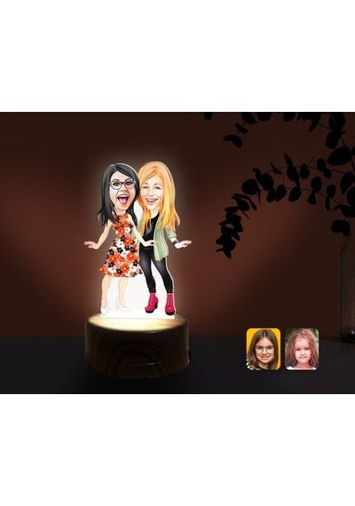 Kişiye Özel Kız Kardeş Karikatürlü Dekoratif 3D Biblo Led Işıklı