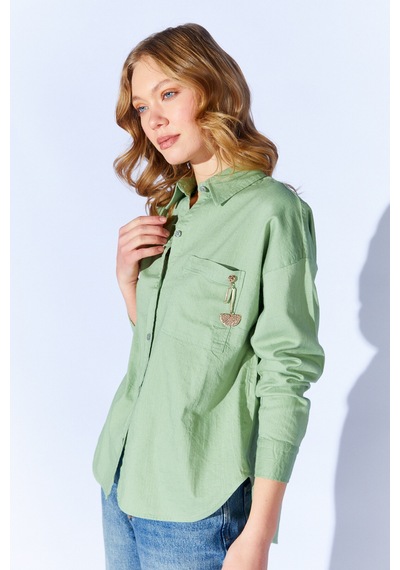 Manche Çağla Broş Detaylı Oversize Tek Cepli Gabardin Gömlek Mkw168174-01