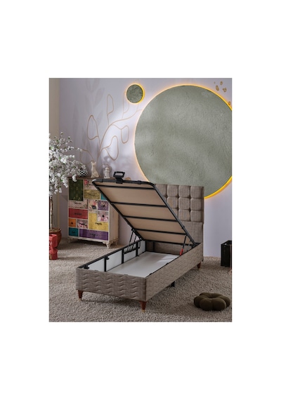 Beehanem Bengü Premium Baza + Yatak + Başlık Seti 90x190 Tek Kişilik Keten Kahverengi Modern 3'lü 90 x 190