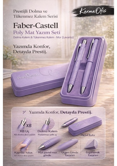 Faber-castell Poly Mat Yazım Seti Mor Lavanta Dolma Kalem & Xb Tükenmez Kalem + Metal Kutu Diğer