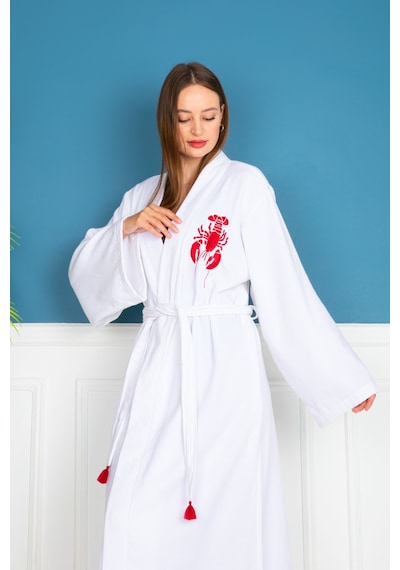 Eumenia Kırmızı Istakoz Nakışlı Kimono & Kaftan Beyaz