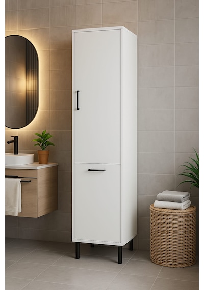 Çamaşır Sepetli Banyo Dolabı Beyaz