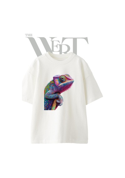 Thewert Rainbow Chameleon Tasarım Baskılı Ünisex Beyaz Oversize T-shirt